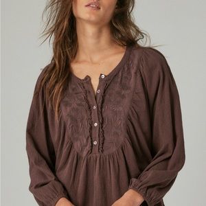 Lucky Brand Long Sleeve Embroidered Yoke Top size Small. Color “Huckleberry” NWT